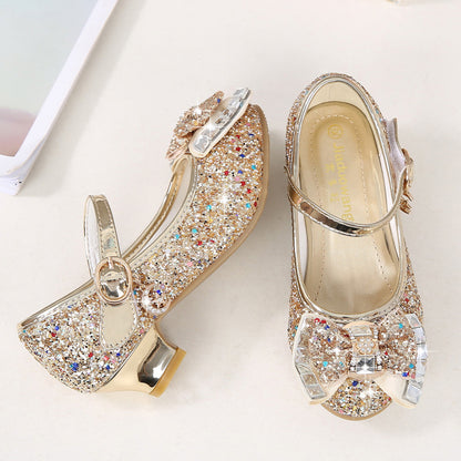 Girls Small High Heeled Leather Sequin Shoes With bow