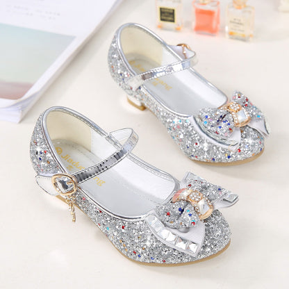 Girls Small High Heeled Leather Sequin Shoes With bow