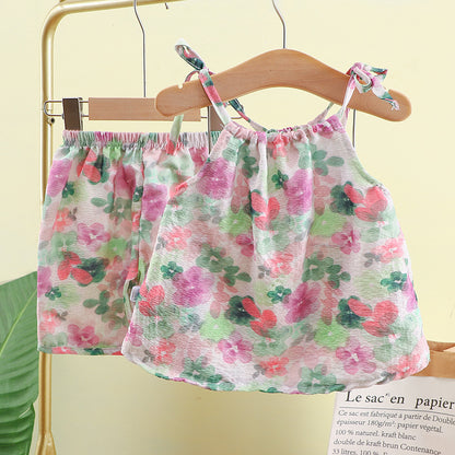 Summer New Girls' Sling Set Dye Oil Painting Stylish Floral Vest Skirt Trousers Cyber Celebrity Baby Two-piece Set