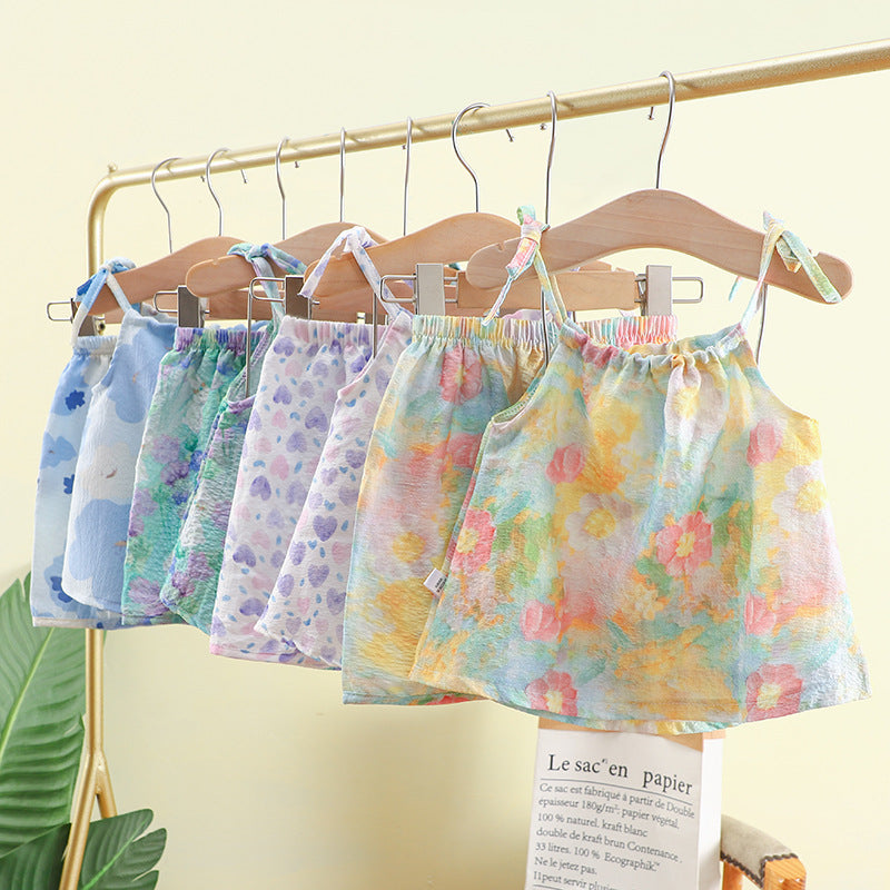 Summer New Girls' Sling Set Dye Oil Painting Stylish Floral Vest Skirt Trousers Cyber Celebrity Baby Two-piece Set