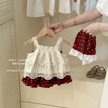 Children's Bow Knitted Vest  Cotton Dress Two-piece Set