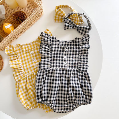 Sleeveless Clothes Korean Color Matching Plaid Fashion Baby Girl's Jumpsuit