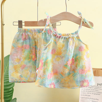 Summer New Girls' Sling Set Dye Oil Painting Stylish Floral Vest Skirt Trousers Cyber Celebrity Baby Two-piece Set