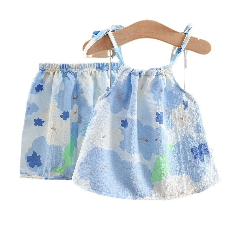 Summer New Girls' Sling Set Dye Oil Painting Stylish Floral Vest Skirt Trousers Cyber Celebrity Baby Two-piece Set